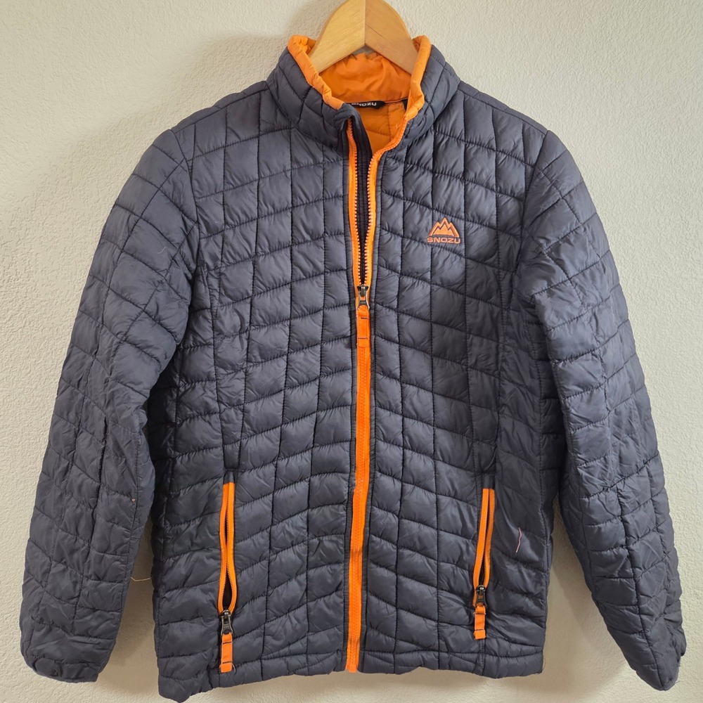 Snozu Boys L 14/16 Quilted Puffer Jacket Gray Orange Full Zip Lightweight Coat